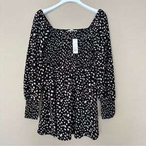NEW Mi Ami Women M Smocked Top Long Sleeve Black Dalmatian Spots Balloon Sleeve